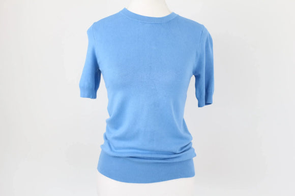Zara Bright Blue Knitted Short-Sleeve Blouse | Silver Buttons | Size S | Pre-Loved