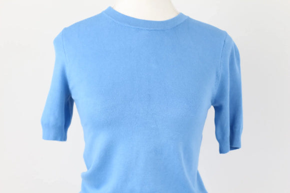 Zara Bright Blue Knitted Short-Sleeve Blouse | Silver Buttons | Size S | Pre-Loved