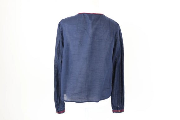 Woolworths Navy Blouse | Multicolour Stitch Detail | Size 8 | Pre-Loved