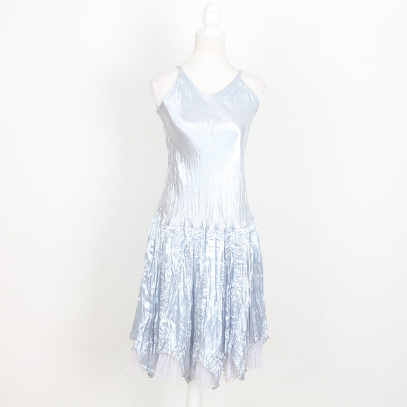 Silver Strappy V-Neck Satin & Tulle Midi Dress | Size 13/14
