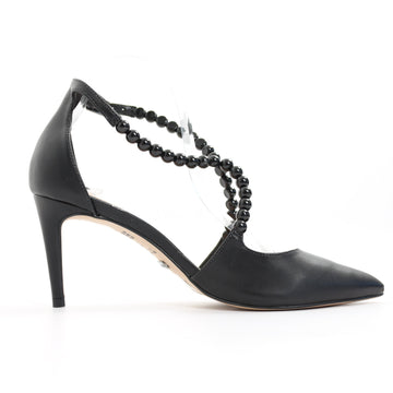 Cecconello Black Leather Pointed-Toe Heels with Bead Accents - Size 38