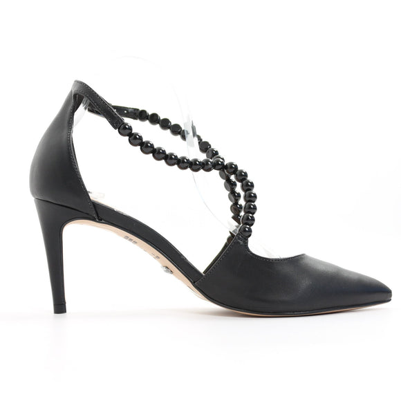 Cecconello Black Leather Pointed-Toe Heels with Bead Accents - Size 38