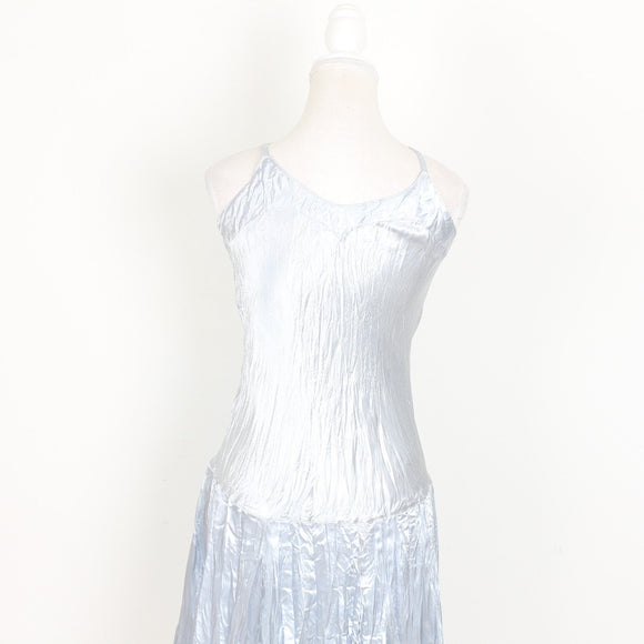 Silver Strappy V-Neck Satin & Tulle Midi Dress | Size 13/14