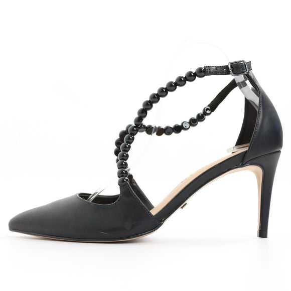 Cecconello Black Leather Pointed-Toe Heels with Bead Accents - Size 38