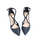 Cecconello Black Leather Pointed-Toe Heels with Bead Accents - Size 38-5