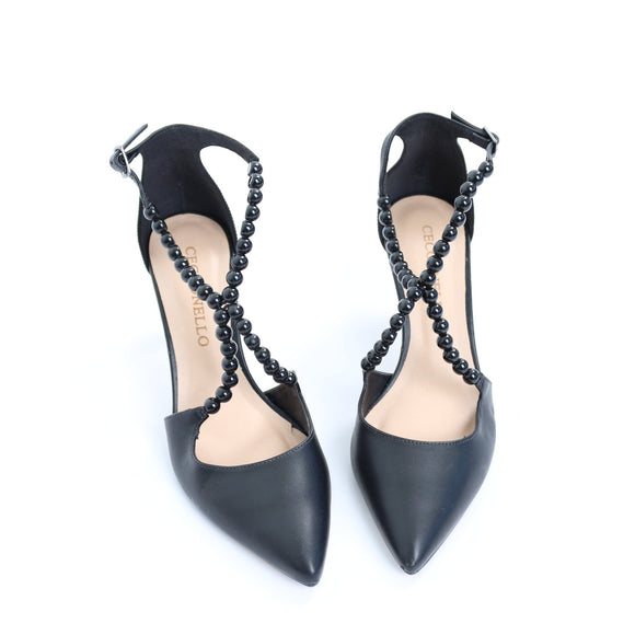 Cecconello Black Leather Pointed-Toe Heels with Bead Accents - Size 38