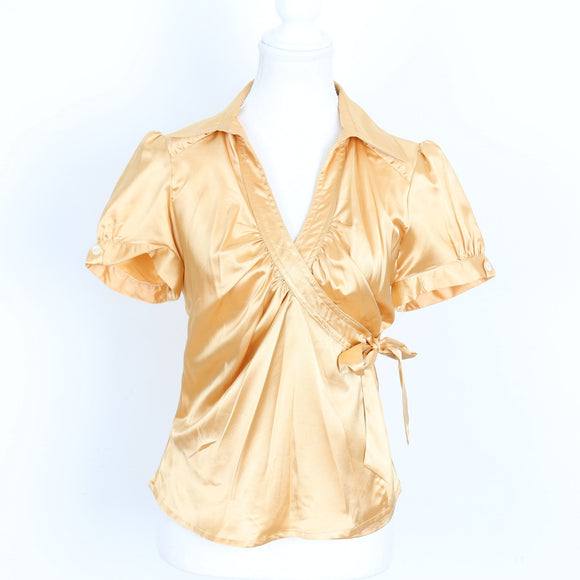 Catherine Moore Butter Yellow Satin Wrap Blouse – Puff Sleeve | Size 34 | Pre-Loved