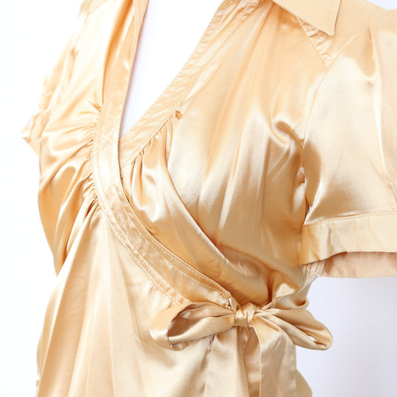 Catherine Moore Butter Yellow Satin Wrap Blouse – Puff Sleeve | Size 34 | Pre-Loved