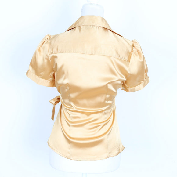 Catherine Moore Butter Yellow Satin Wrap Blouse – Puff Sleeve | Size 34 | Pre-Loved