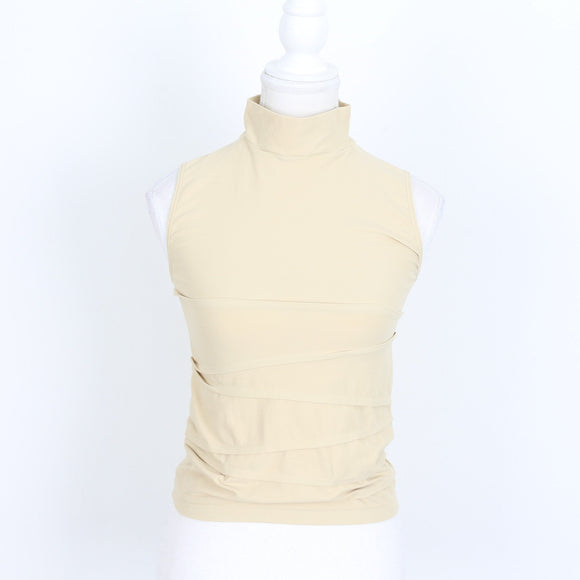 Beige Sleeveless Ruched Poloneck Top | Size S | Pre-Loved