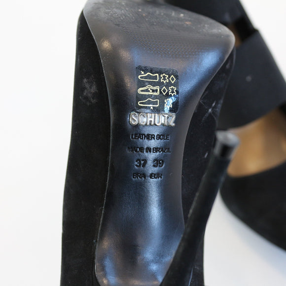 Schultz Black Suede Pointed-Toe Heels with Elastic Accents - Size 39