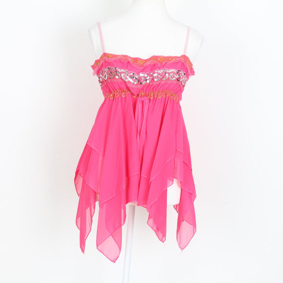 Pink Sequin Strappy Fairy-Hem Top | Size L | Pre-Loved