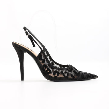 Zara Black Leopard-Print Mesh Pointed-Toe Slingback Heels, Size 38