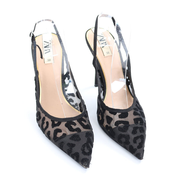 Zara Black Leopard-Print Mesh Pointed-Toe Slingback Heels, Size 38
