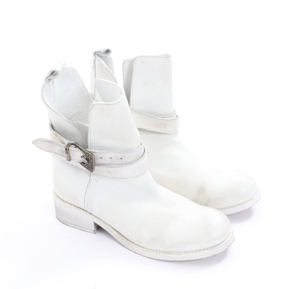 Diesel White Genuine Leather Western Ankle Boots with Buckle, Size 38