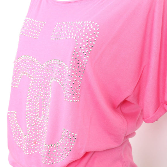 Pink Rhinestone-Logo Y2K T-Shirt – Off-Shoulder | Size M | Pre-Loved