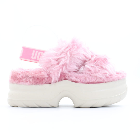 UGG Pink Fluffy Platform Slingback Slippers, Size 38