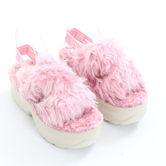 UGG Pink Fluffy Platform Slingback Slippers, Size 38