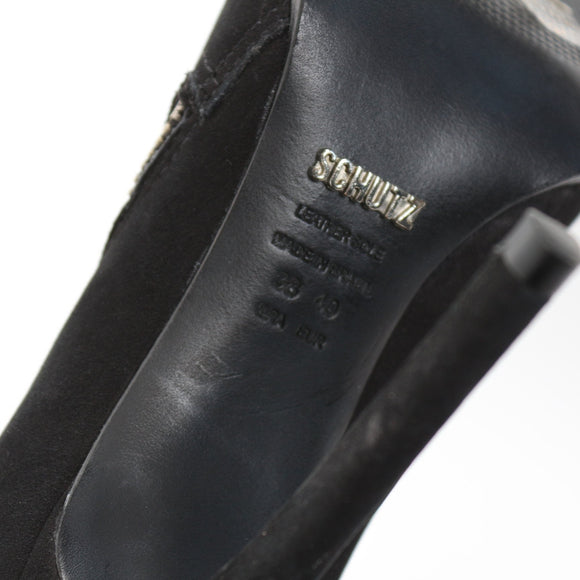 Schutz Black Suede Pointed-Toe Stiletto Shoe Boots with Side Zip, Size 38