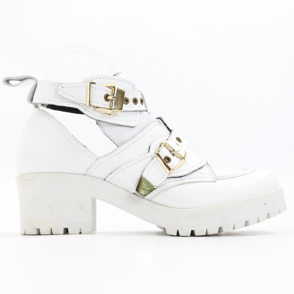 Vicinio Handmade White Leather Cut-Out Ankle Boots with Gold-Tone Buckles, Size 38