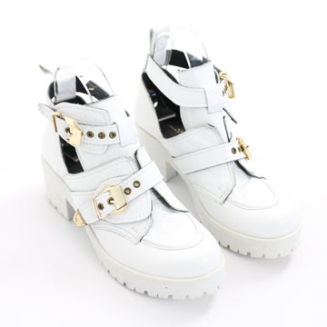 Vicinio Handmade White Leather Cut-Out Ankle Boots with Gold-Tone Buckles, Size 38 - 0