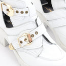 Vicinio Handmade White Leather Cut-Out Ankle Boots with Gold-Tone Buckles, Size 38-3