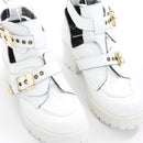 Vicinio Handmade White Leather Cut-Out Ankle Boots with Gold-Tone Buckles, Size 38-4