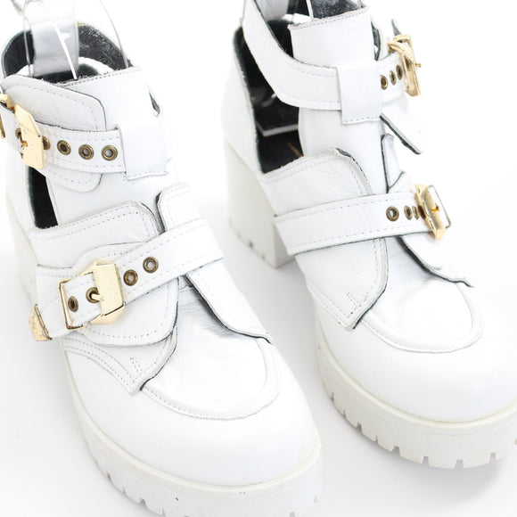 Vicinio Handmade White Leather Cut-Out Ankle Boots with Gold-Tone Buckles, Size 38