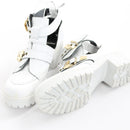 Vicinio Handmade White Leather Cut-Out Ankle Boots with Gold-Tone Buckles, Size 38-5