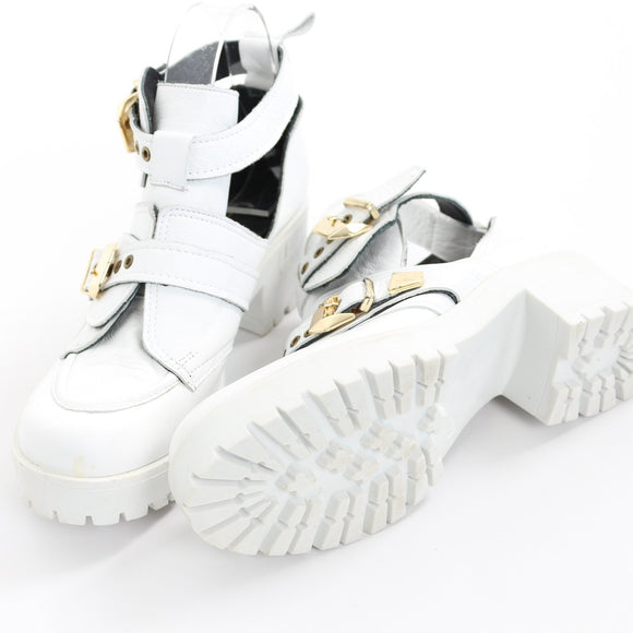 Vicinio Handmade White Leather Cut-Out Ankle Boots with Gold-Tone Buckles, Size 38