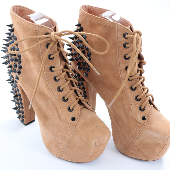 Jeffrey Campbell Lita Spike Tan Suede Lace-Up Platform Ankle Boots, Size 38