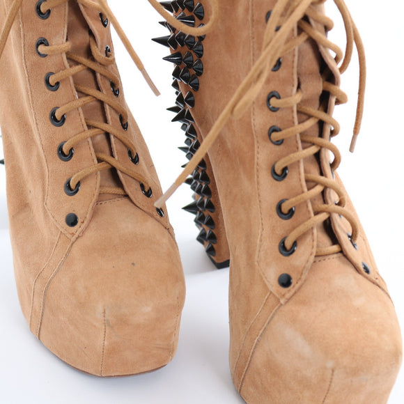 Jeffrey Campbell Lita Spike Tan Suede Lace-Up Platform Ankle Boots, Size 38
