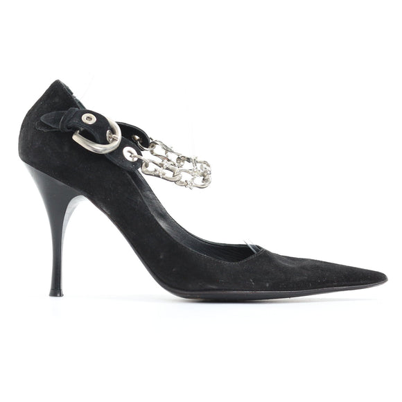 Rebecca Rei Black Suede Pointed-Toe Heels with Silver-Tone Chain Ankle Straps, Size 38