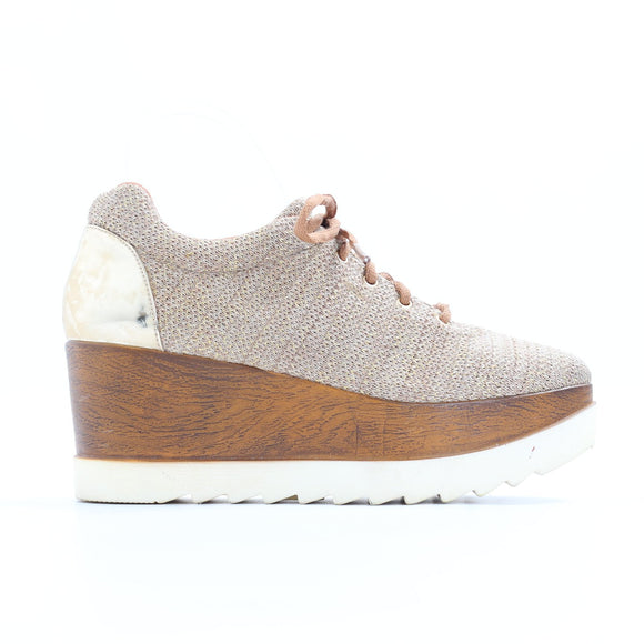Castelon Beige Metallic Knit Lace-Up Platform Sneakers, Size 39