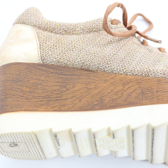 Castelon Beige Metallic Knit Lace-Up Platform Sneakers, Size 39