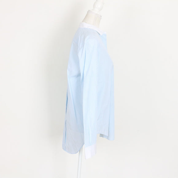 Country Road Blue & White Striped Button-Up Shirt – Contrast Collar | Size S | Pre-Loved