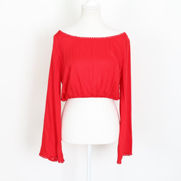 Red Cropped Chiffon Blouse – Pom-Pom Trim & Tie Back | Size S