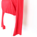 Red Cropped Chiffon Blouse – Pom-Pom Trim & Tie Back | Size S-2
