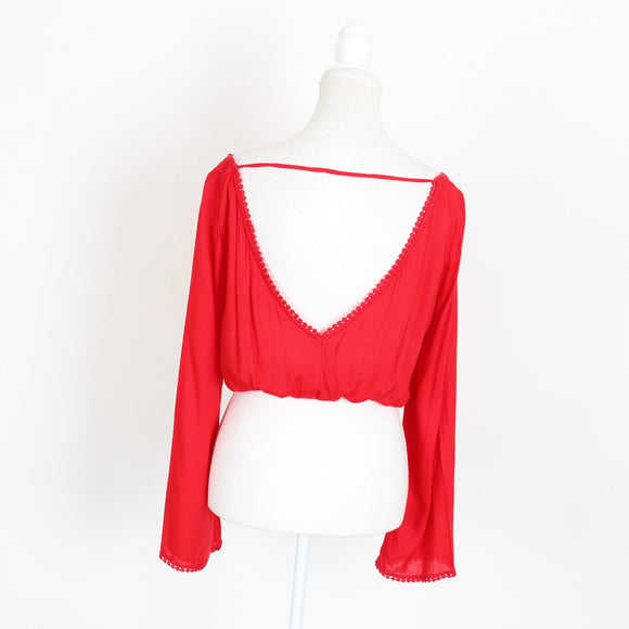 Red Cropped Chiffon Blouse – Pom-Pom Trim & Tie Back | Size S