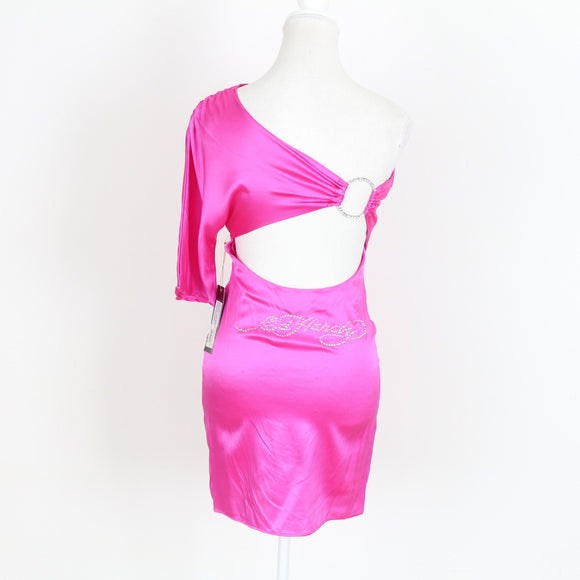 Ed Hardy Pink One-Shoulder Mini Dress – Crystal Wing Print | Size XS | Brand New