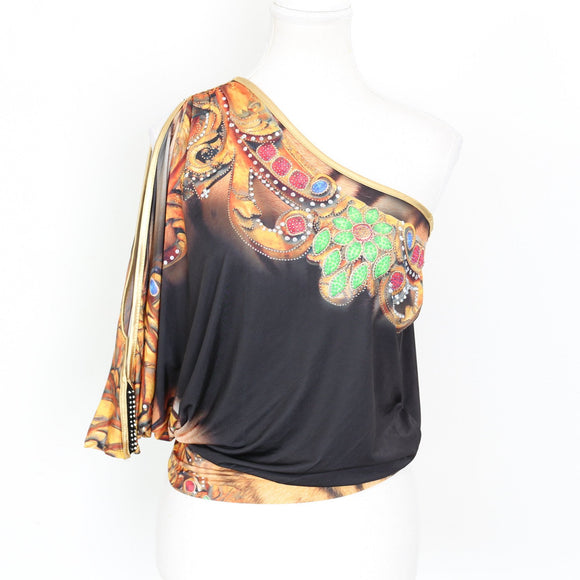 Black One-Shoulder Jewel-Print Blouse | Size L | Pre-Loved