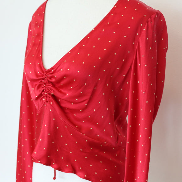 Bec + Bridge Red Polka Dot Blouse – Ruched Tie Front | Size 8 | Pre-Loved