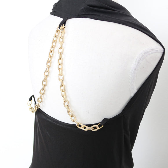 Black Wrap Blouse with Gold Chain Detail - Size M