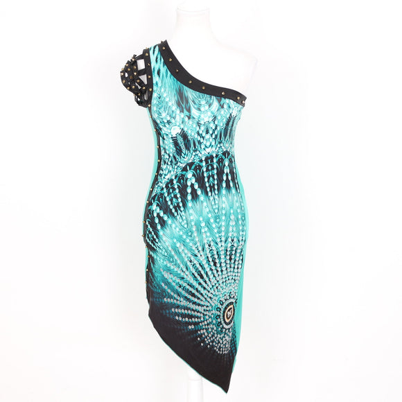 Blue Printed Asymmetric One-Shoulder Dress with Spike Detail - Size S