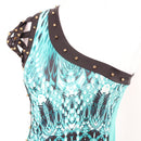 Blue Printed Asymmetric One-Shoulder Dress with Spike Detail - Size S-2