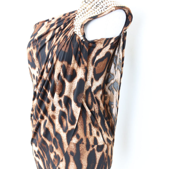 Leopard Print One-Shoulder Blouse with Pearl and Rhinestone Detail - Size S