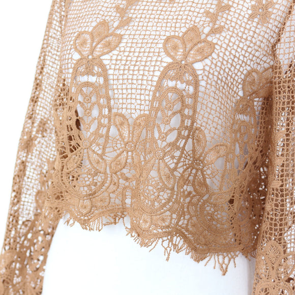 Brown Crochet Long-Sleeve Blouse - Size S