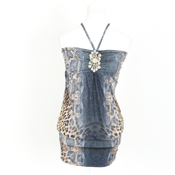 Snake Print Embellished Mini Dress - Size S