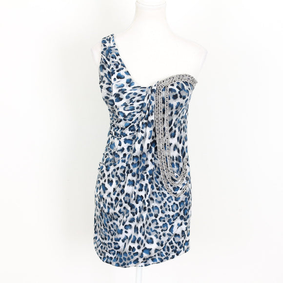 Party 21 Blue and Grey Leopard Print Dress with Silver Chain Detail - Size L
