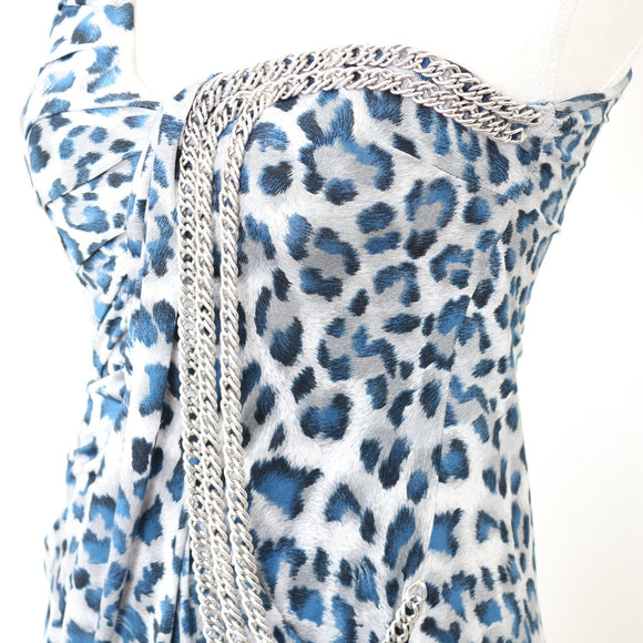 Party 21 Blue and Grey Leopard Print Dress with Silver Chain Detail - Size L